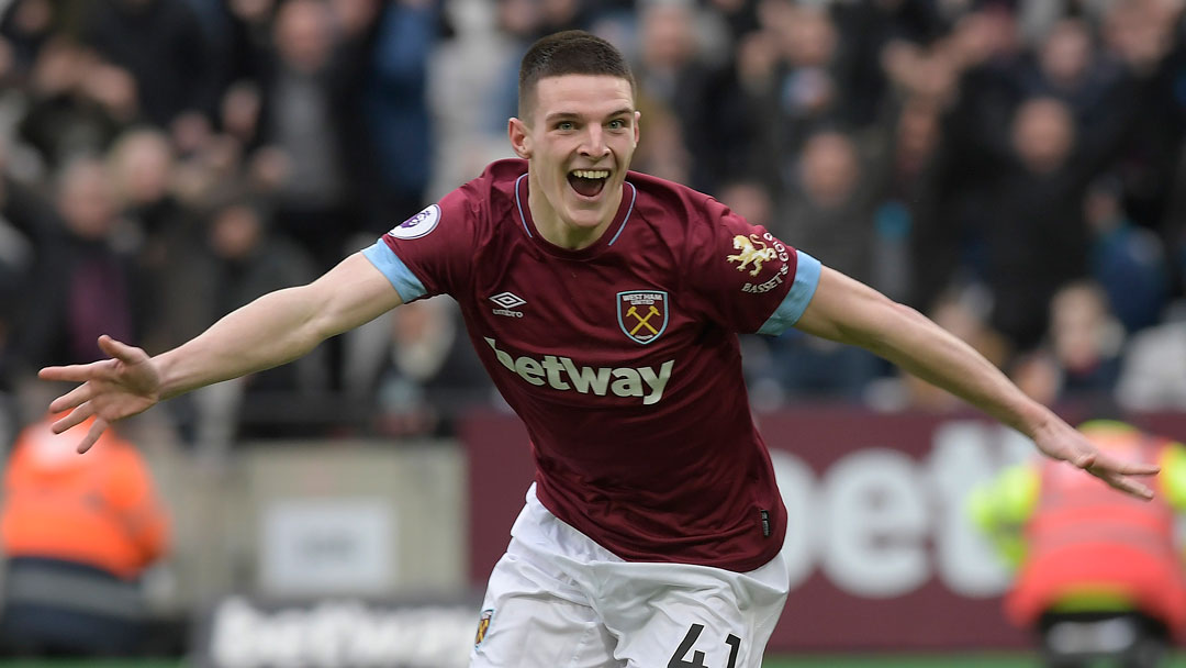 Declan Rice celebrates scoring for West Ham United