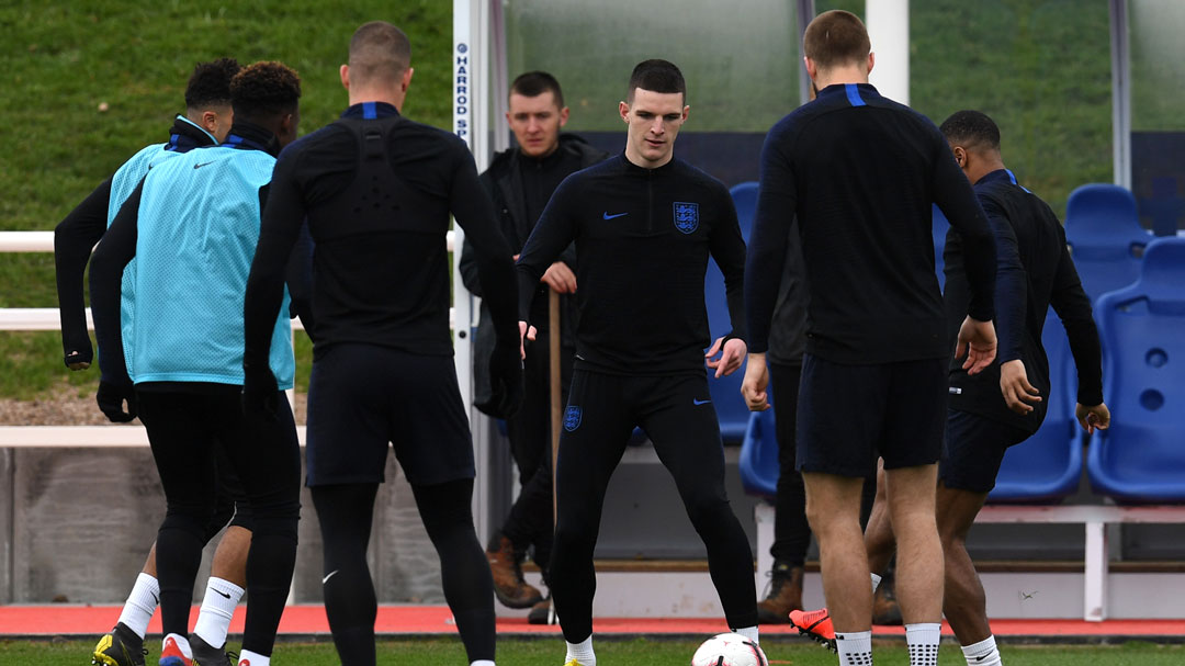 Declan Rice trains with England at St George's Park on Thursday