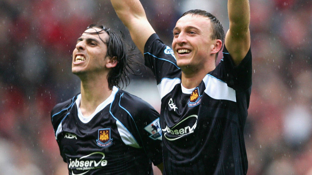 Mark Noble celebrates victory at Old Trafford in May 2007