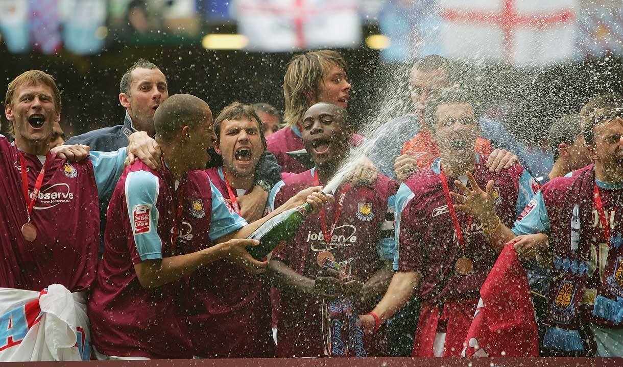 West Ham players celebrate winning the Play-Off final