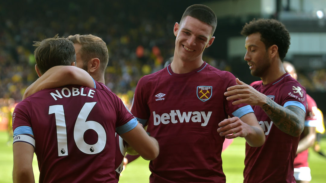 Declan Rice celebrates victory at Watford on Sunday