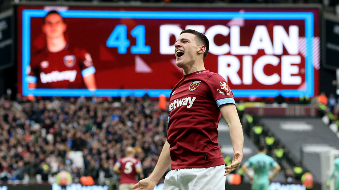 Declan Rice celebrates his goal against Arsenal