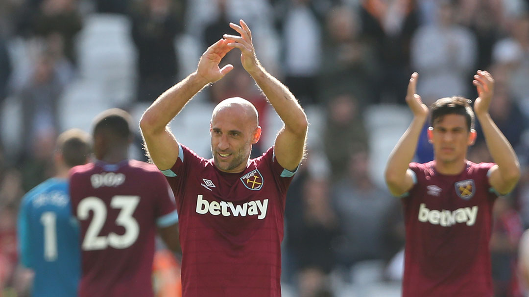 Pablo Zabaleta applauds the Claret and Blue Army after the win over Manchester United