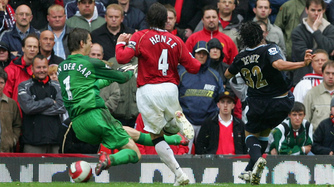 Carlos Tevez scores at Old Trafford in May 2007