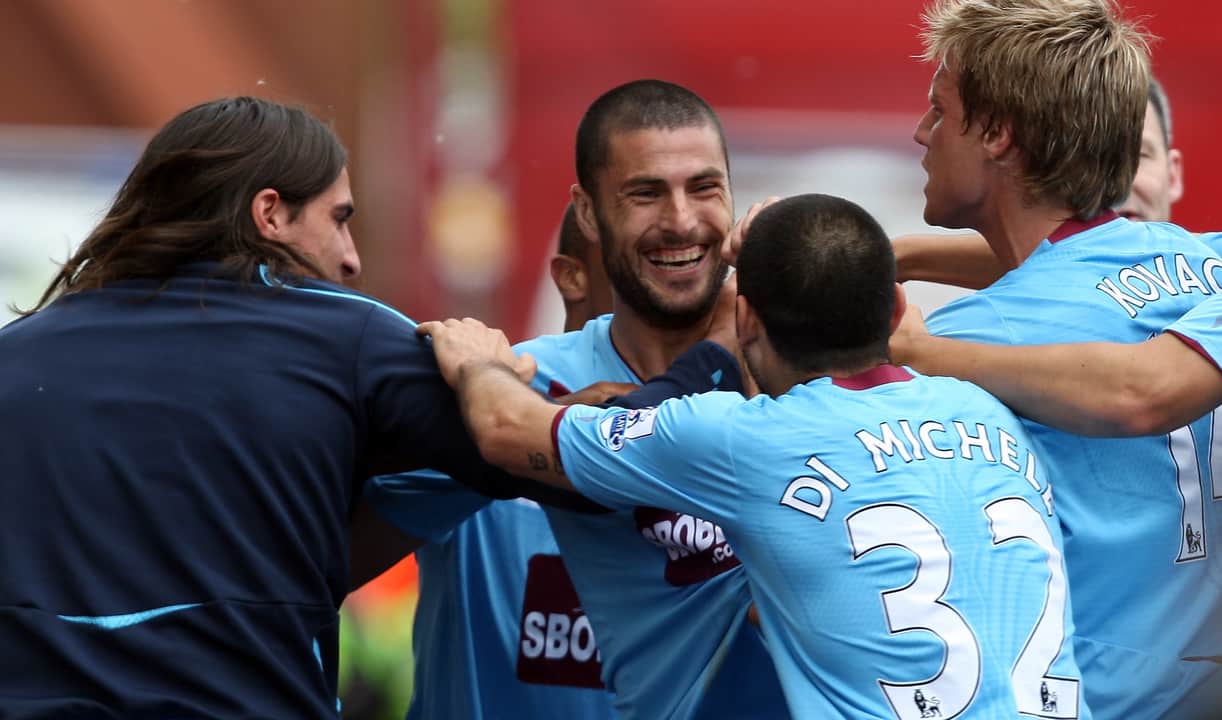 West Ham celebrate Diego Tristan's goal at Stoke