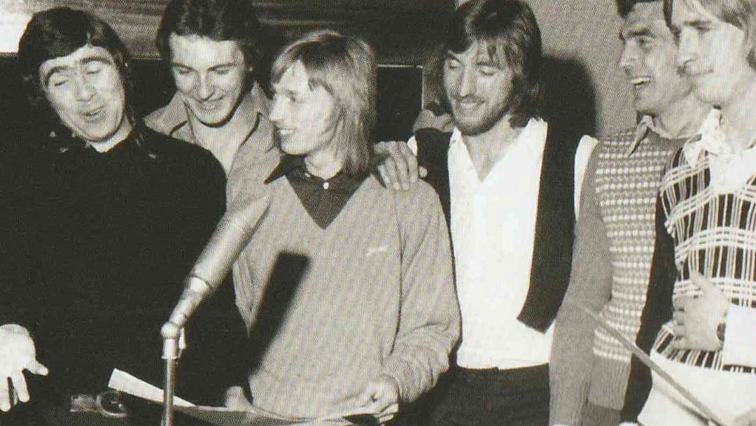 The West Ham United squad singing 'Bubbles' in the studio in April 1975