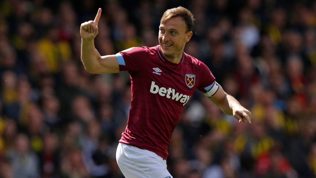 Mark Noble celebrates scoring at Watford in May 2019