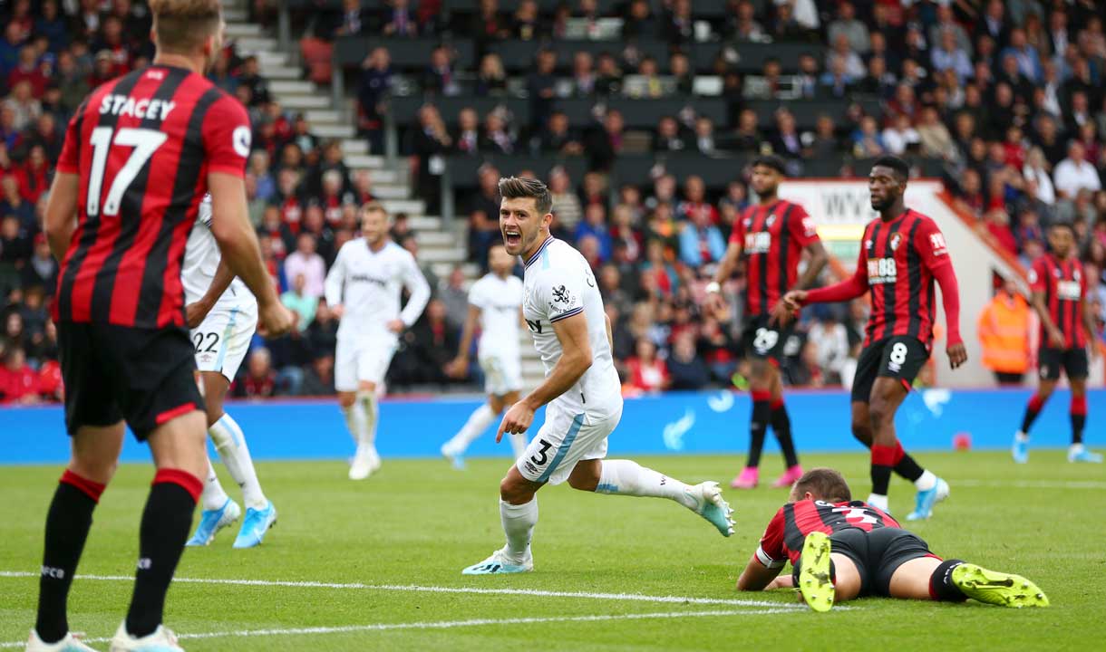 Aaron Cresswell celebrates scoring at Bournemouth