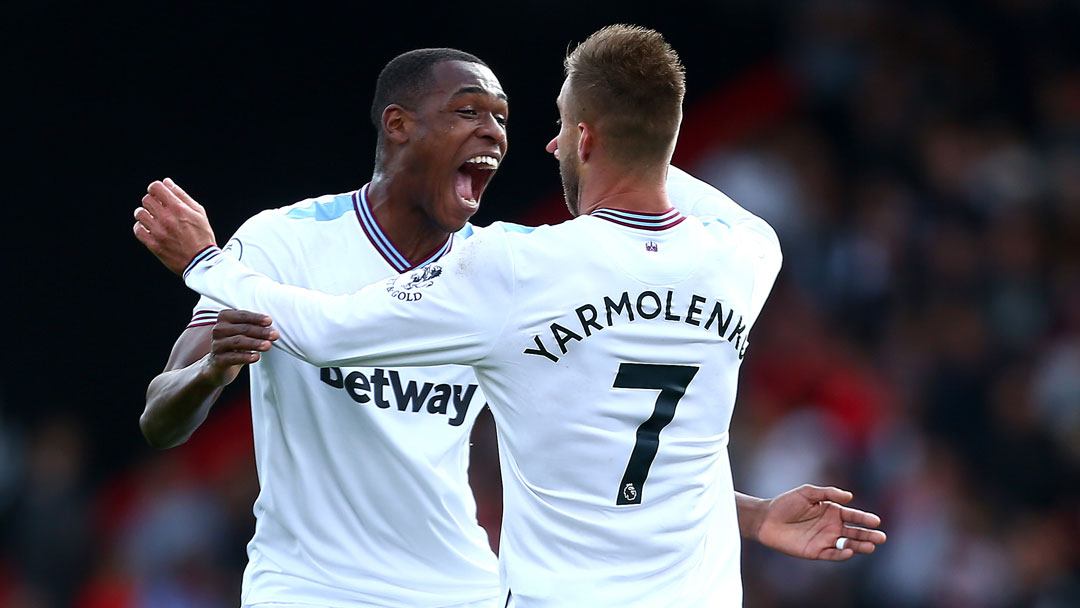 Issa Diop celebrates with Andriy Yarmolenko at Vitality Stadium