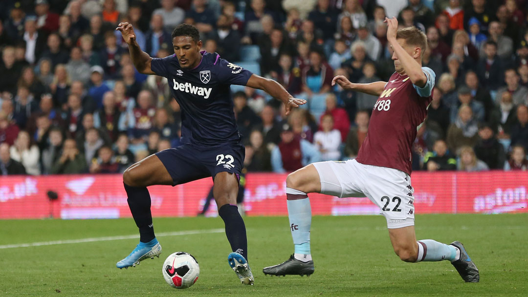 Sebastien Haller battles for the ball at Aston Villa