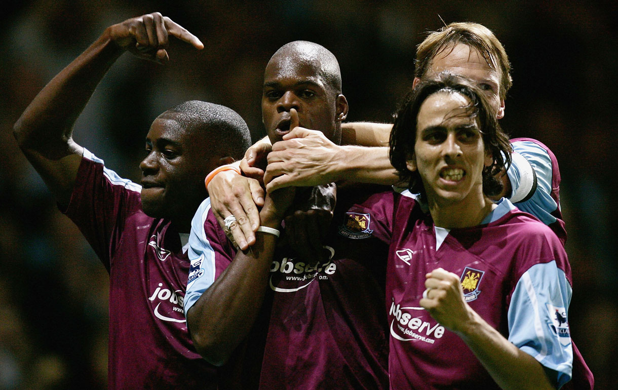 Marlon Harewood celebrates scoring against Aston Villa in September 2005