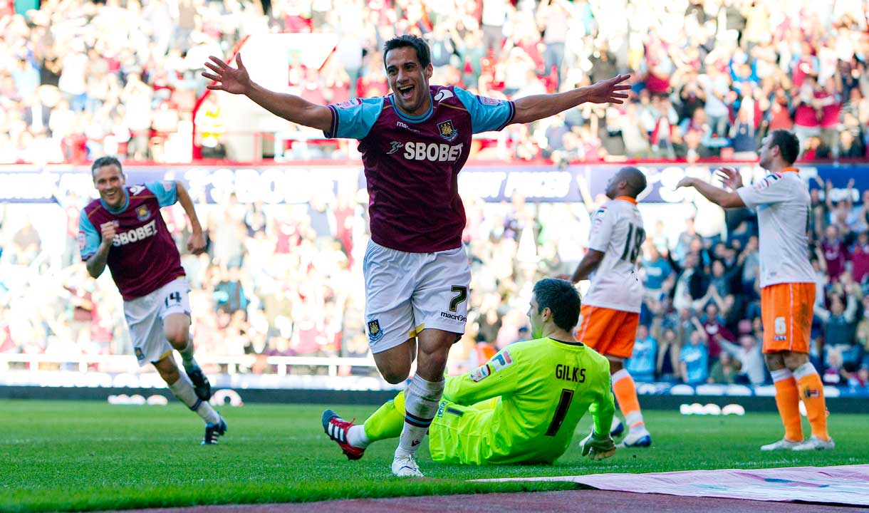 Sam Baldock celebrates scoring against Blackpool