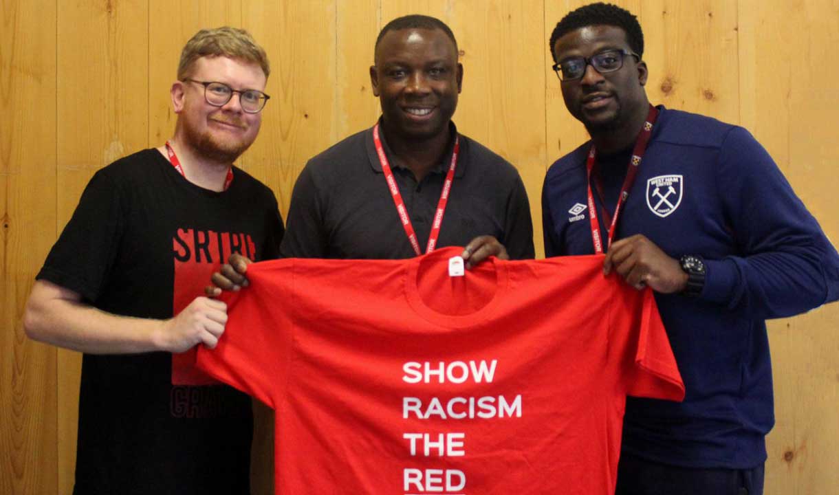 Left to right: Paul Hill (SRtRC), Leroy Rosenior, Josiah Oyekunle (WHU Foundation Learning Mentor)