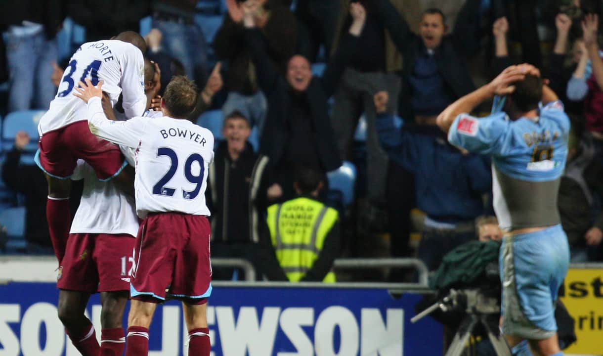 The Hammers celebrate their winner at Coventry