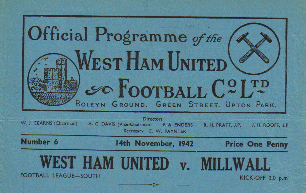 West Ham v Millwall programme cover from November 1942