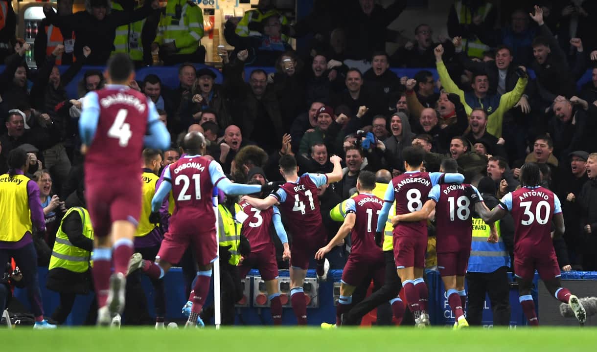 The Hammers celebrate their goal at Chelsea