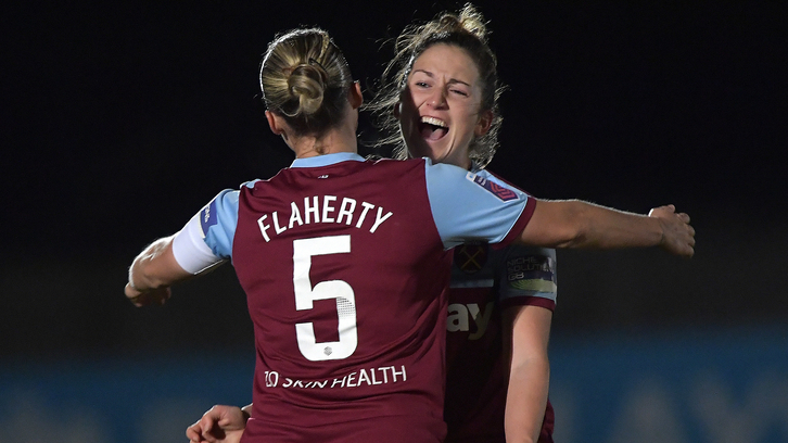 Flaherty celebrates Sunday's win over Man Utd with Laura Vetterlein