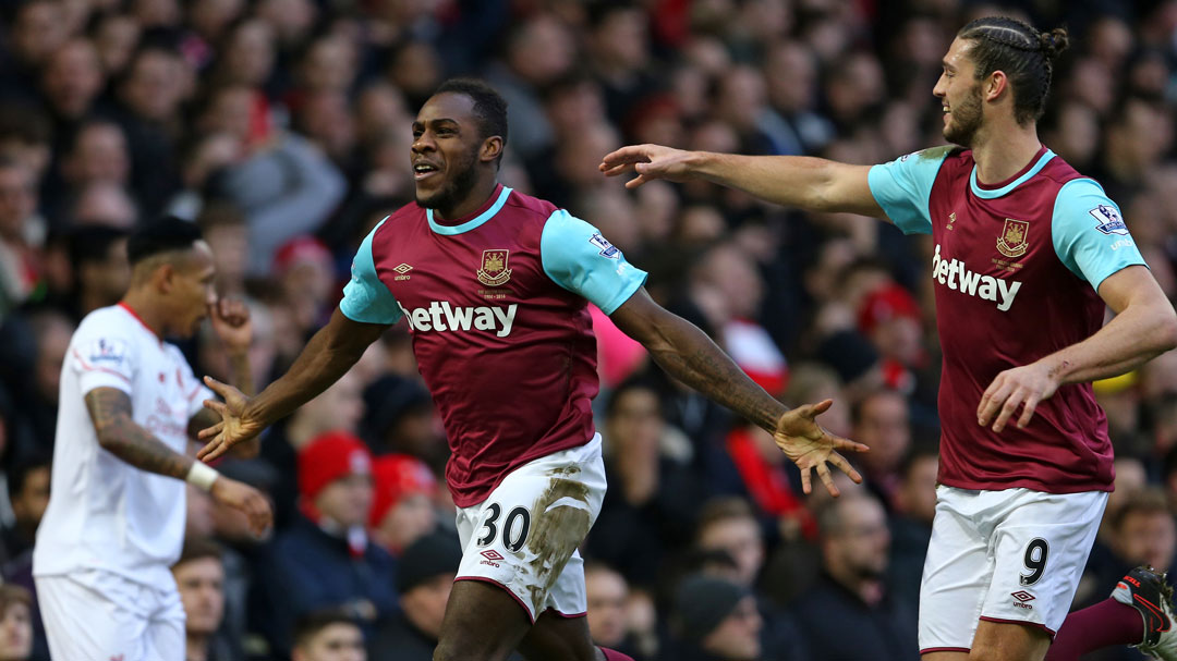 Michail Antonio celebrates scoring against Liverpool in January 2016