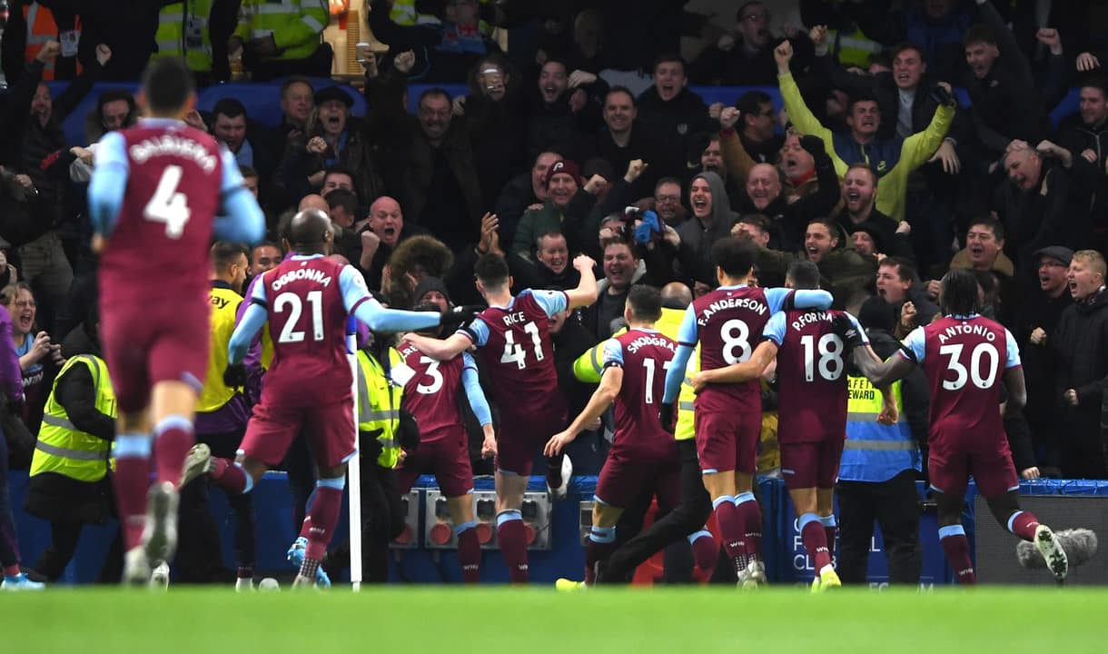 West Ham players celebrate with the fans at Chelsea