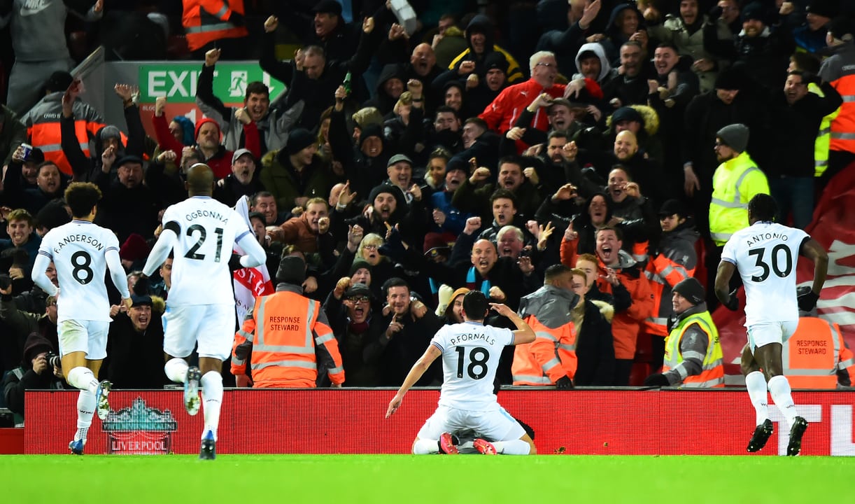 The Hammers celebrate Pablo Fornals' goal at Liverpool