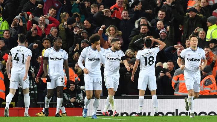 Fornals celebrates his goal against Liverpool at Anfield