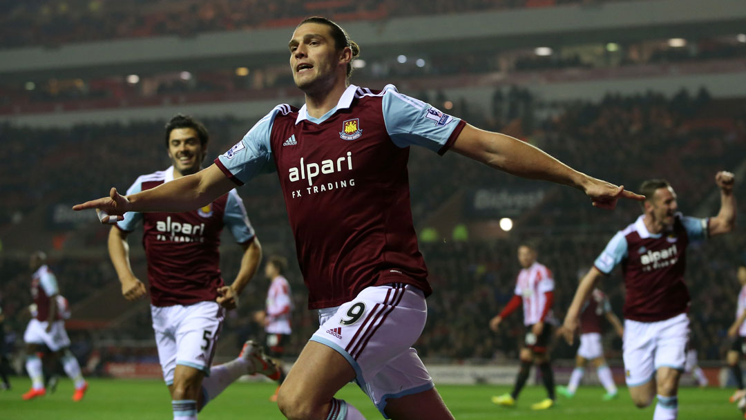 Andy Carroll celebrates scoring at Sunderland on 31 March 2014