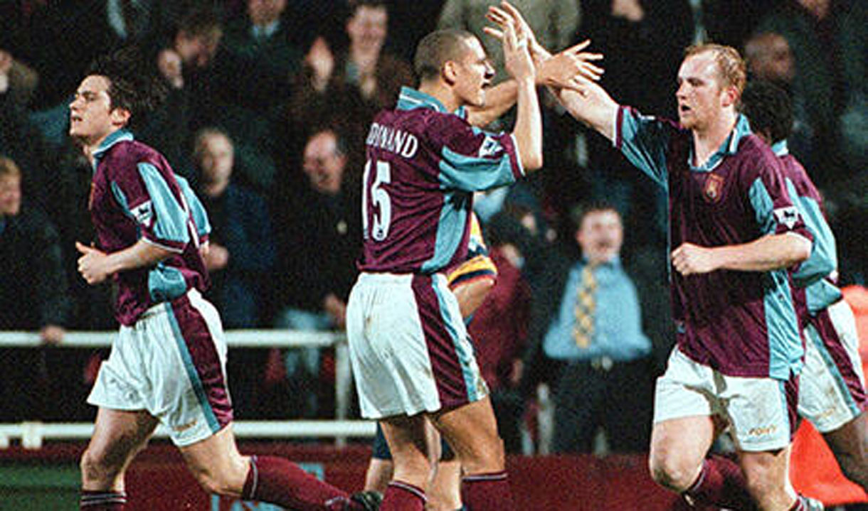 John Hartson celebrates scoring in West Ham's 3-0 win over Leeds in March 1998