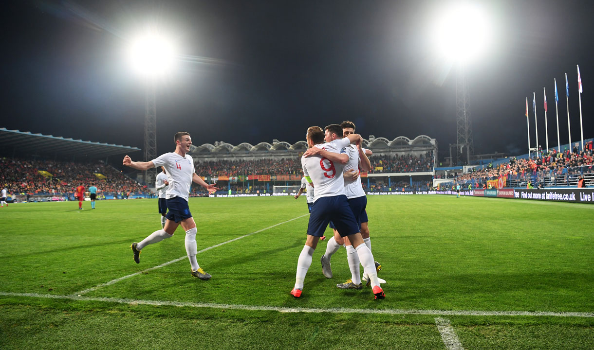 Declan Rice in action on his full England debut in Montenegro