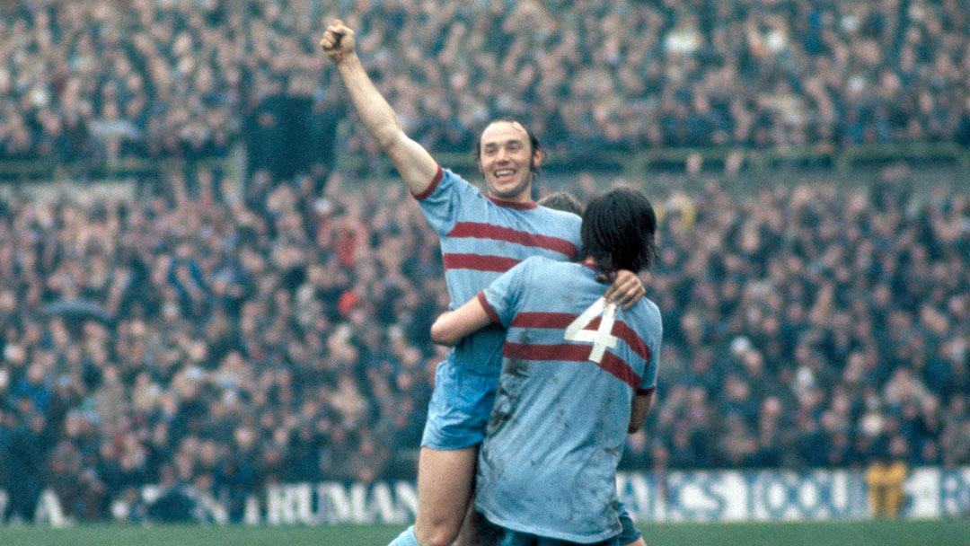 Pop Robson celebrates scoring at Crystal Palace on 24 March 1973