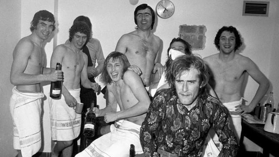 Trevor Brooking, Pat Holland, Alan Taylor, Bobby Gould, Graham Paddon and John McDowell celebrate