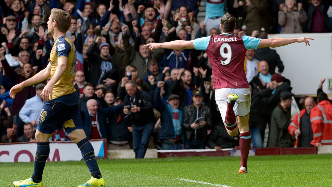 Andy Carroll celebrates scoring against Arsenal in April 2016