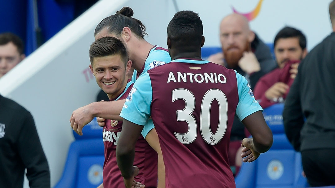 Aaron Cresswell celebrates scoring at Leicester in April 2016