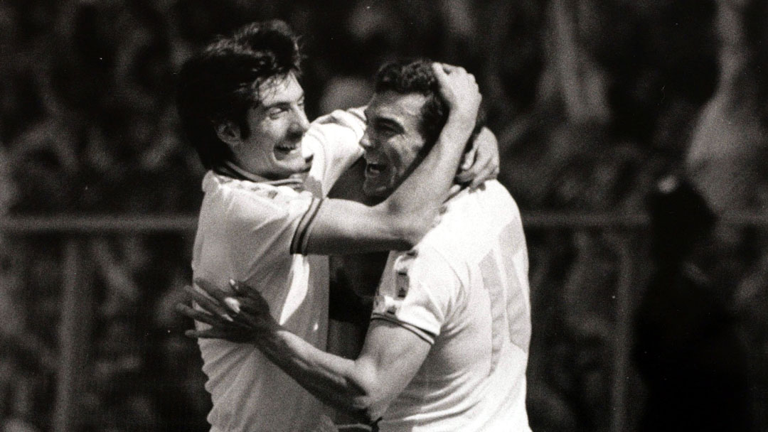 Alan Devonshire celebrates with Trevor Brooking at Wembley in 1980