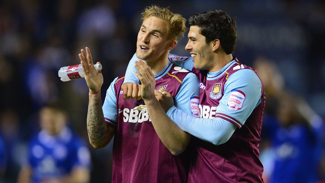 Jack Collison celebrates scoring at Leicester in April 2012