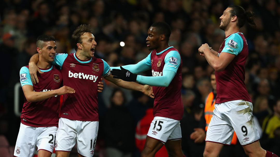 Mark Noble celebrates scoring against Watford in April 2016