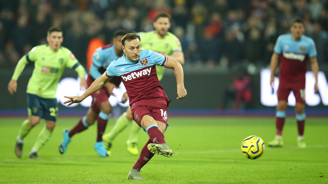 Mark Noble scores a penalty against Bournemouth