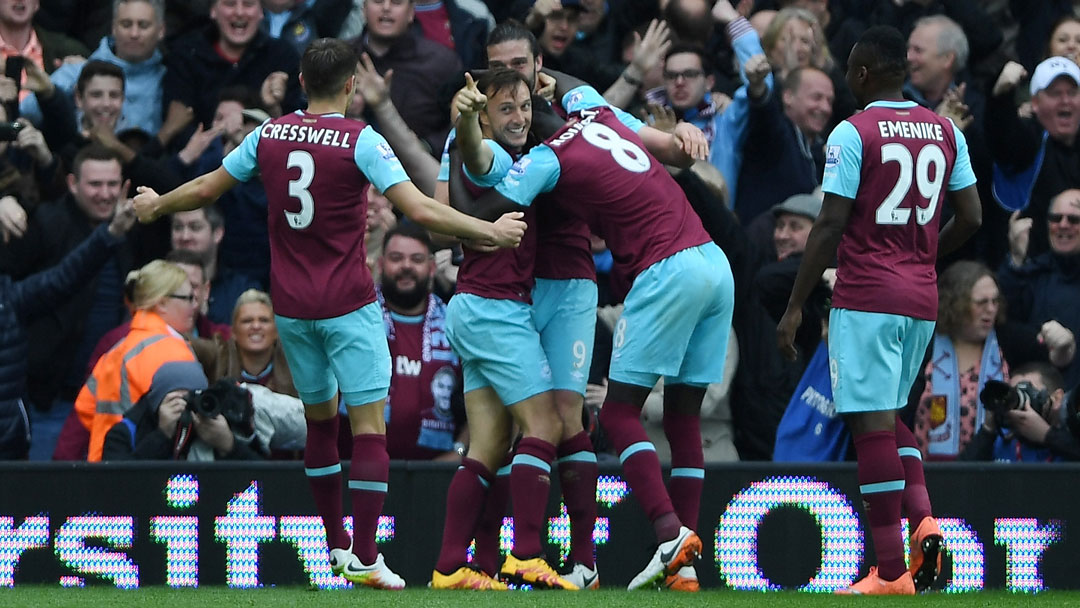 Mark Noble celebrates scoring at West Brom in April 2016