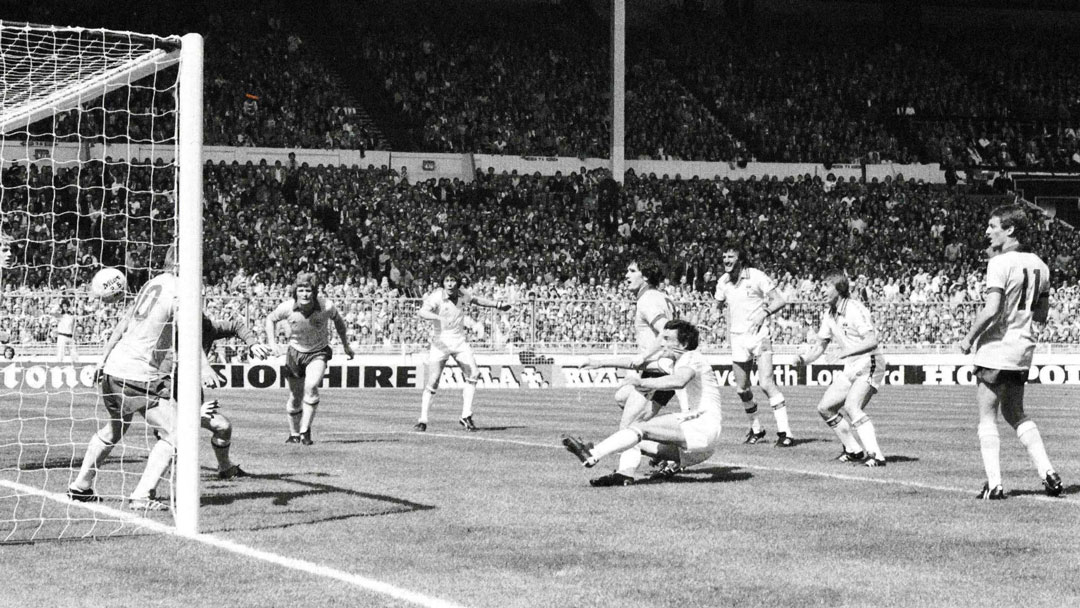 Trevor Brooking scores at Wembley in May 1980