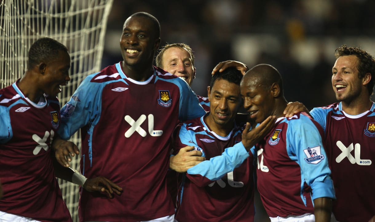 The Hammers celebrate scoring against Derby County