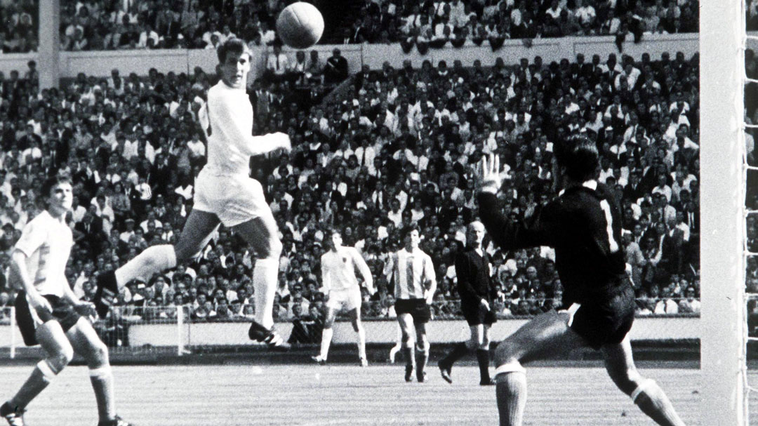 Geoff Hurst scoring against Argentina in 1966