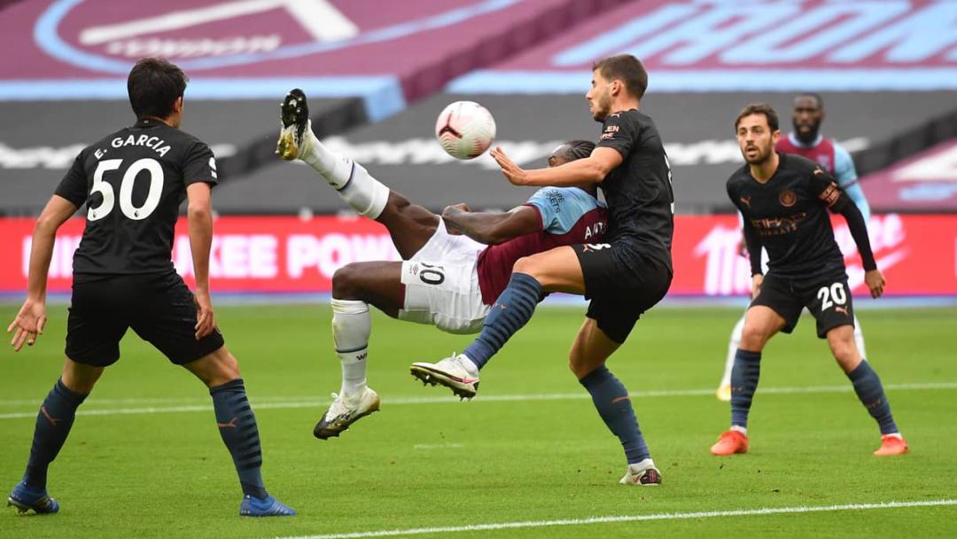 Michail Antonio scores against Manchester City