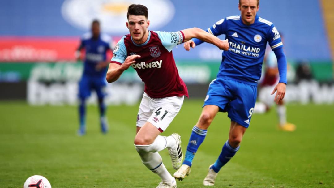 Declan Rice takes the ball away from Jamie Vardy