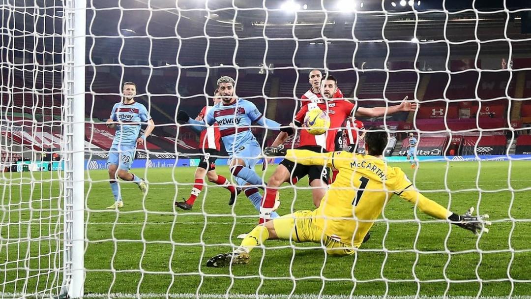 Saïd Benrahma is denied by Alex McCarthy at Southampton