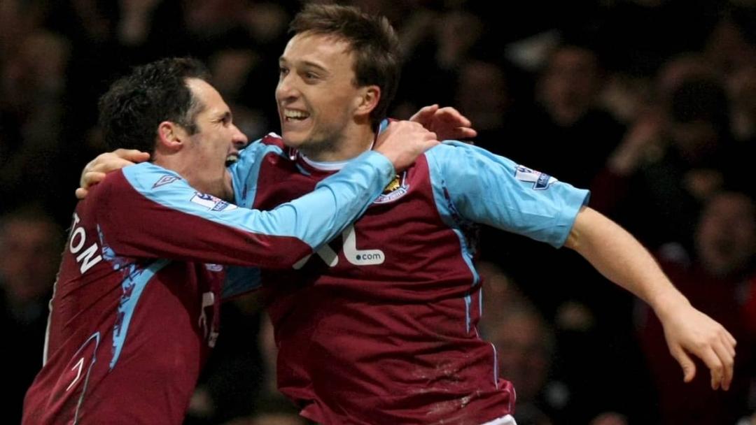 Mark Noble celebrates scoring against Liverpool in 2008