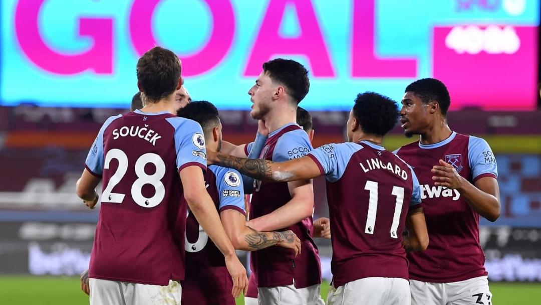 The Hammers celebrate Declan Rice's goal against Sheffield United