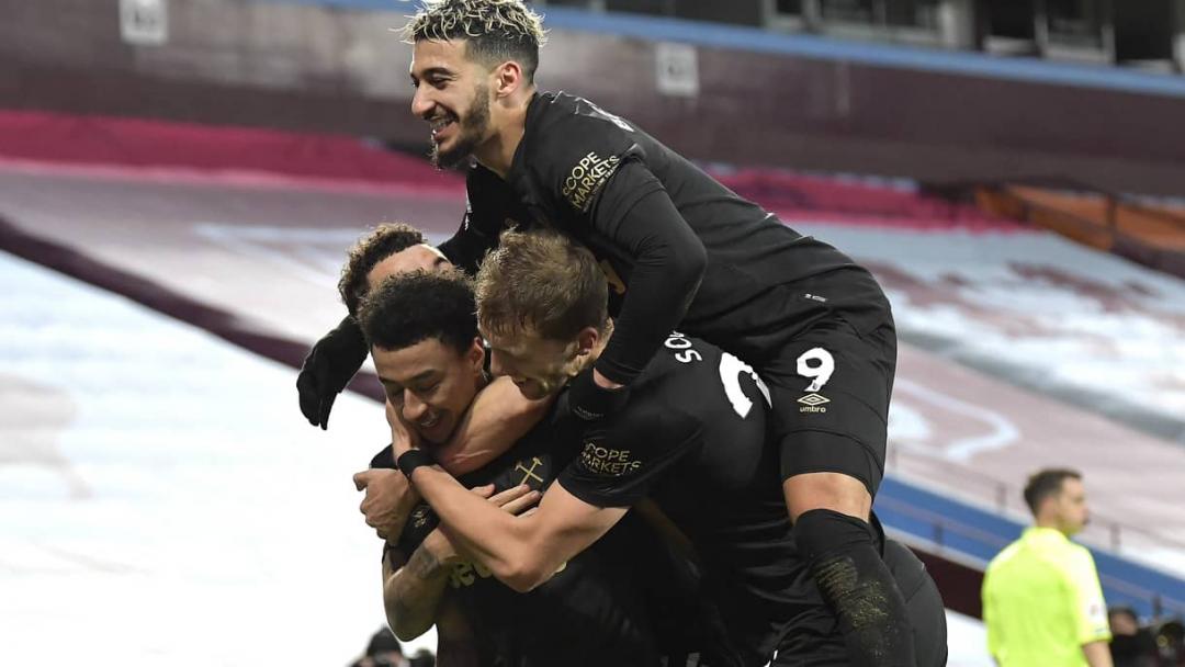 The Hammers celebrate at Aston Villa