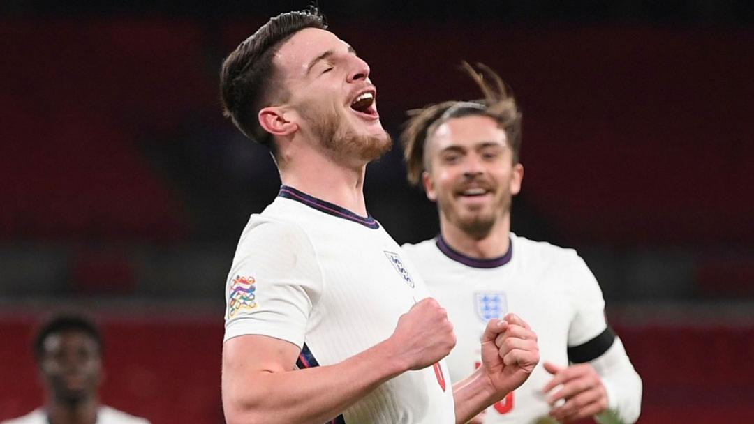 Declan Rice celebrates scoring for England