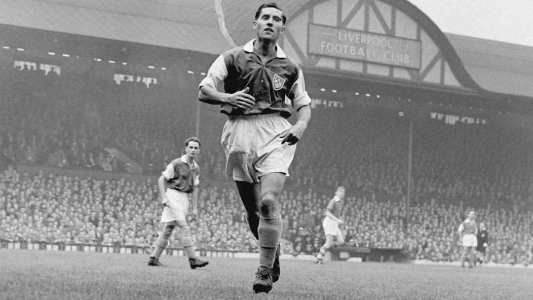 Frank O'Farrell in action against Liverpool at Anfield in 1954