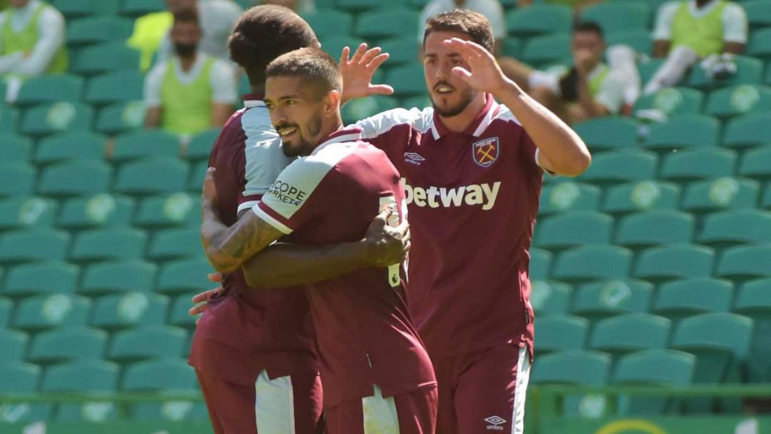 The Hammers celebrate a goal at Celtic