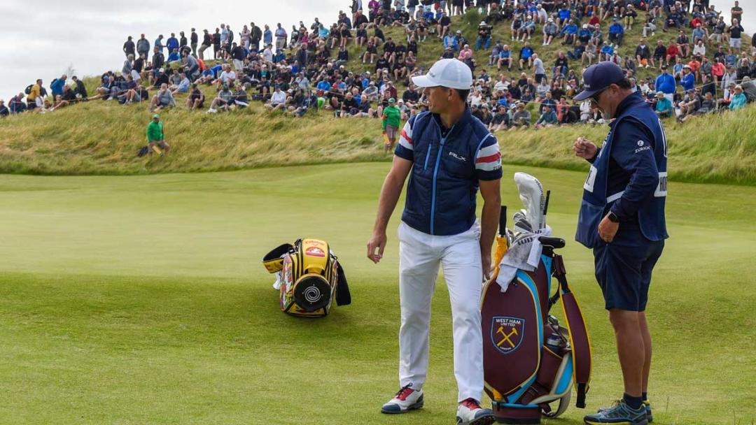 Billy Horschel with his West Ham bag at The Open